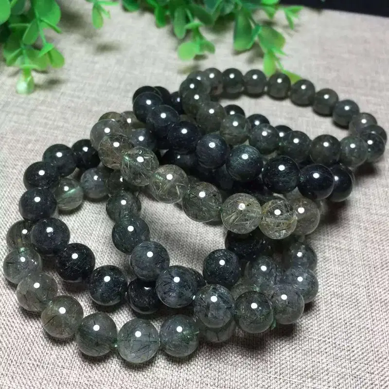 

Green Quartz Rutilated round Beads Bracelets Enrichment Lucky Men And Women Crystal Bracelets 10 Size