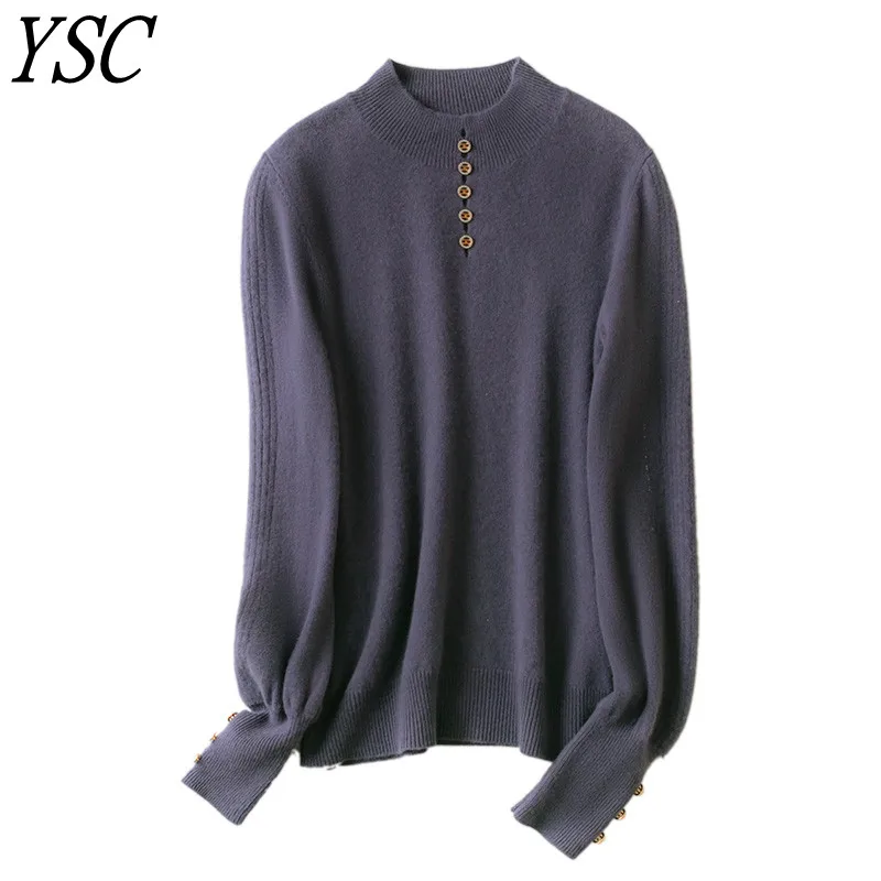 

2021 Hot Sales Women Knitted 100% wool Sweater Half high collar Bubble sleeve Button decoration high quality Keep warm pullovers