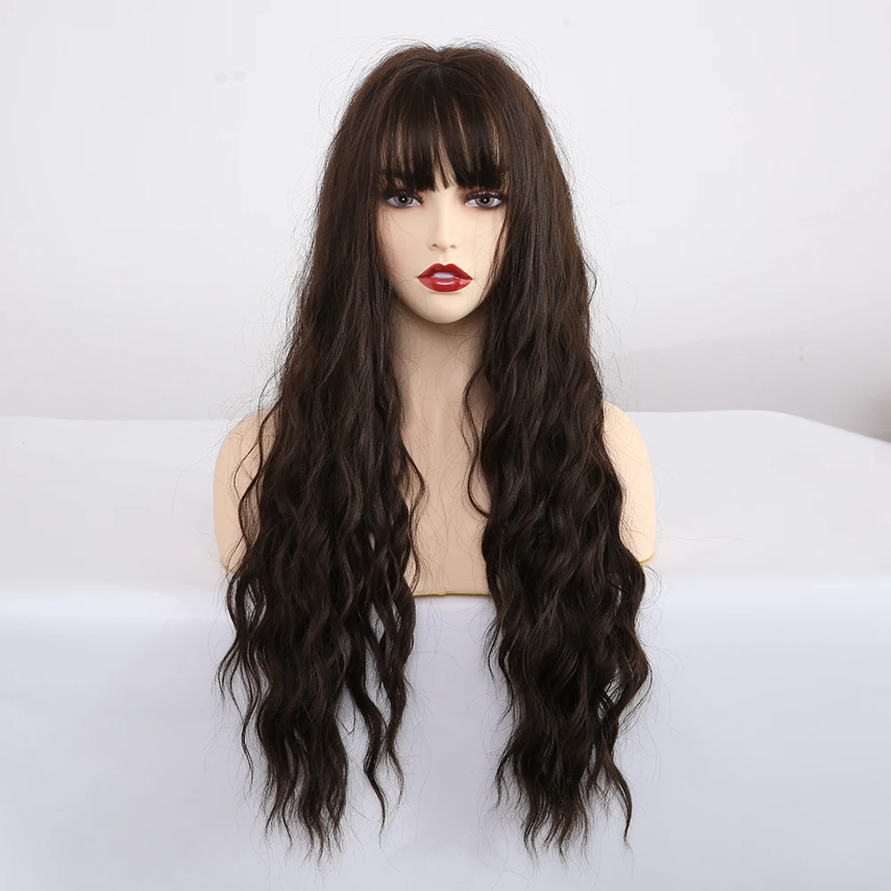 Long Synthetic Wigs Pink Brown Water Wave Curly Cosplay Wigs With Bangs Heat Resistant Fiber for Women Hair Wigs - Цвет: lc222-2