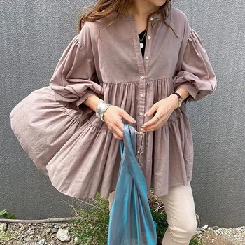 

Japanese Fresh Ladies Blouse Loose Casual Street Wear Shirts Korean Style Solid Women Tops 2020 Fall Fashion Nine Points Sleeve