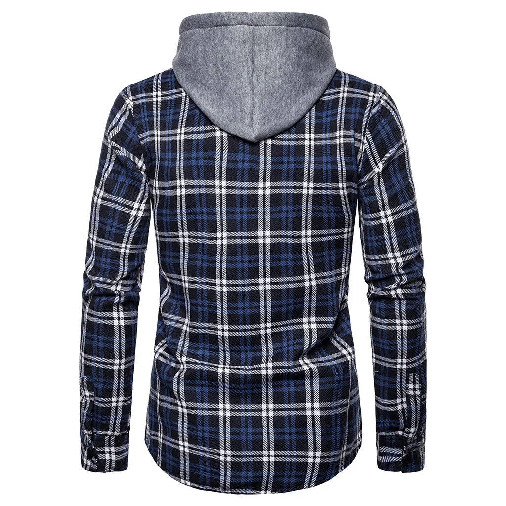 2019 осень с капюшоном Мужские повседневные тонкие рубашки клетчатые Camisa Masculina Классические карманные Топы Рубашки Chemise Homme рубашка с