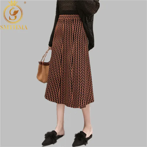 

SMTHMA 2019 Autumn Winter Women Stripe Skirts High Waist Women A-Line Long Skirt Saias Jupe Femme Faldas Ladies Knitting Skirt