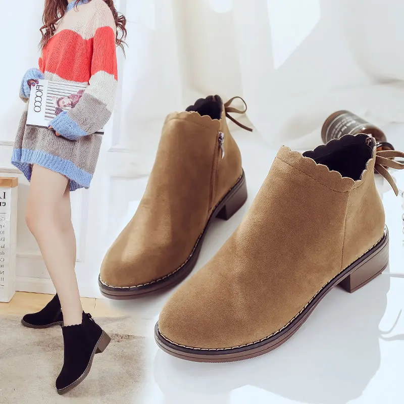 

2018 Autumn And Winter New Style Retro Ankle Boots Versatile Low Heel Side Zipper Short Boots Women's after Bow Martin Boots