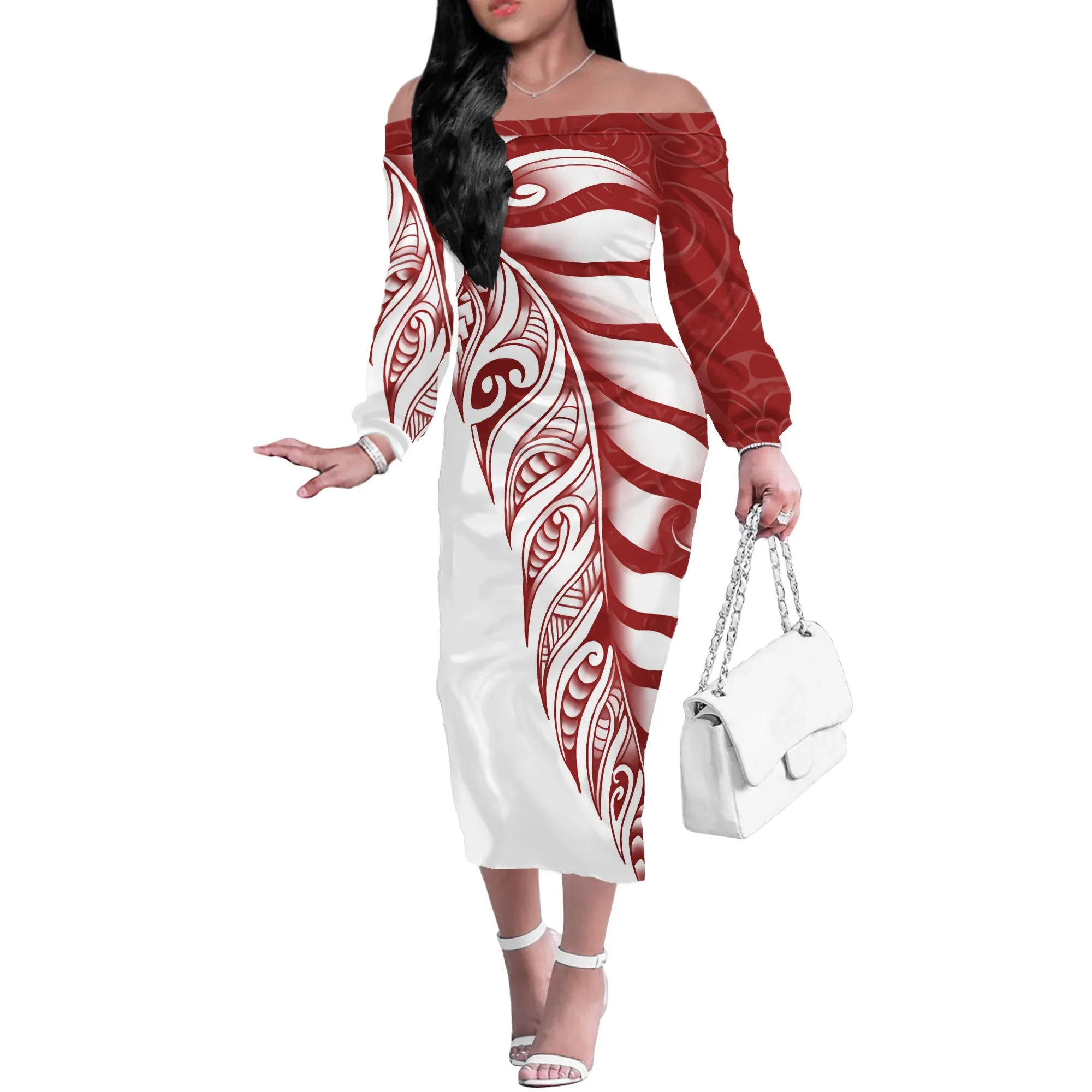 

Factory Price Personality Red-black Party Off Shoulder Dress Custom Polynesian Tribal Tattoo Pattern Large Size 4XL Sexy Dress