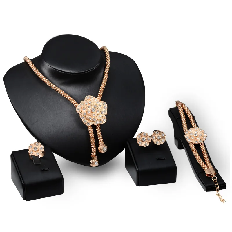 

Cross Border Electricity Supplier Hot Selling Bride Gold Flower Chain Jewelry Set Exaggeration Diamond Set Necklace Ring Four-Pi