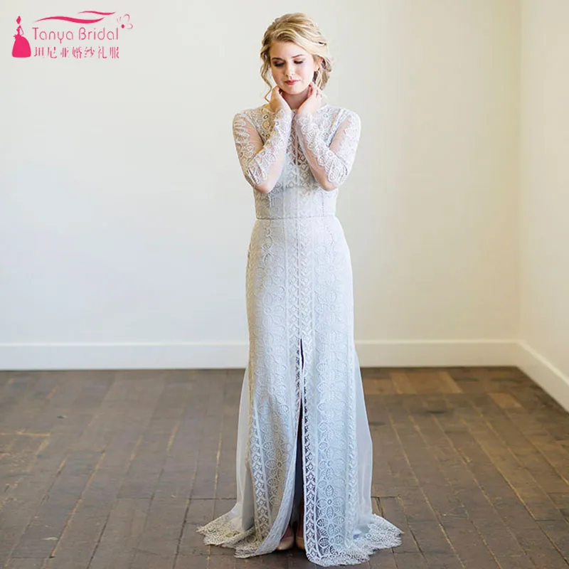 Sweetest Spring Design Wedding Dresses Long Sleeve Lace Bridal Gowns Light Blue Lining Noivas Fashion Chic ZW240