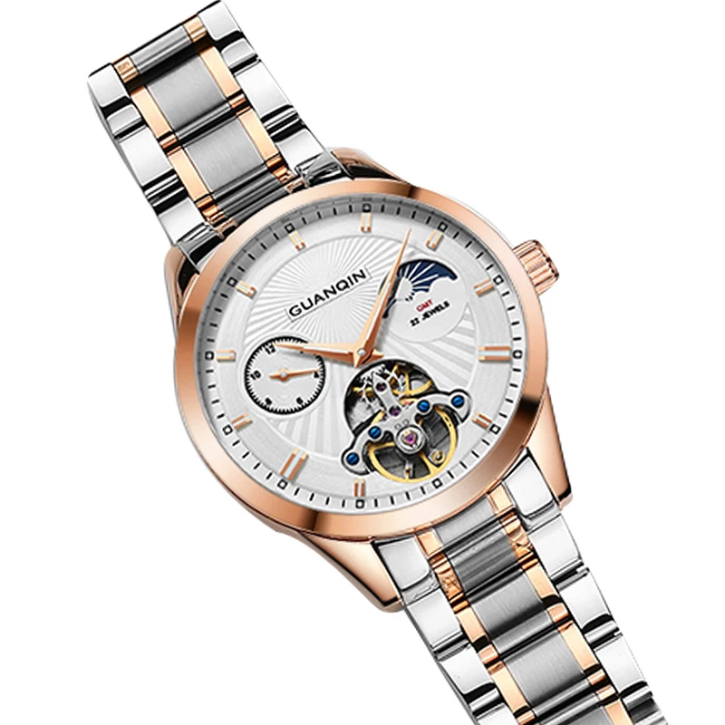 GUANQIN automatic Tourbillon механические часы мужские роскошные стальные мужские наручные часы золотые мужские часы в виде Луны