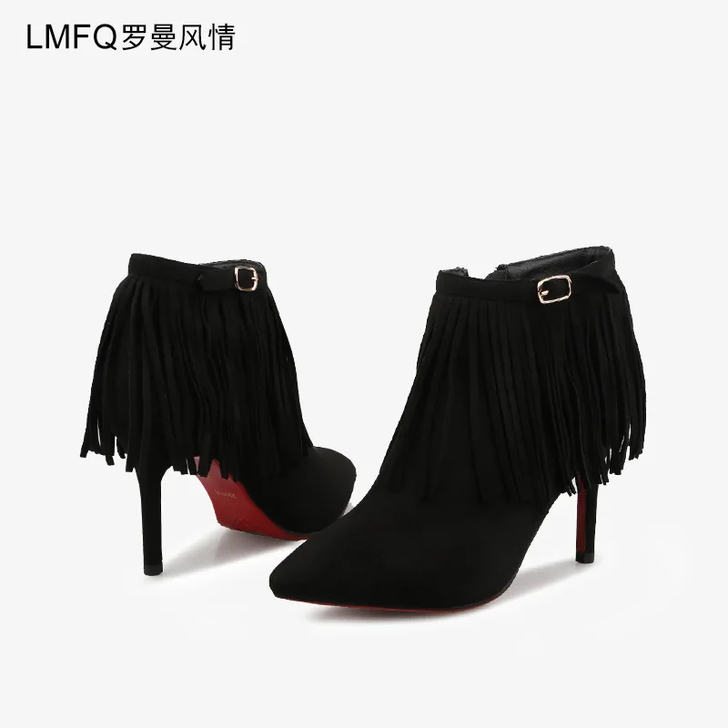 

2019 New Style Winter Pointed-Toe Thin Heeled Tassels Short Boots plus Velvet Ankle Boots Nubuck Leather High-Heel Shoe Ankle Bo