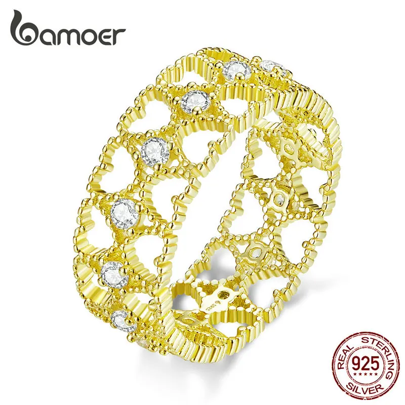 

bamoer Lace Pattern Wide Finger Rings for Women 925 Sterling Silver Gold Color Heart Stackable Ring Korean Jewelry BSR057