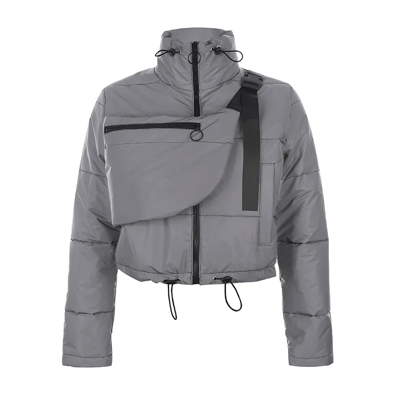 Зимняя модная теплая Женская куртка-пуховик, пальто с сумкой, светоотражающая укороченная куртка на молнии, водолазка, парка, осеннее пальто-пузырь - Цвет: silver