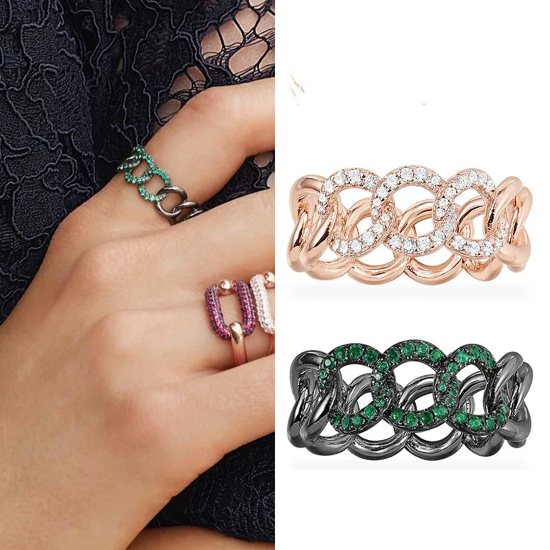 

Rock 925 Sterling Silver Black Gray Chain Green Zircons Cool Link Ring Women Herisson Collection Jewelry bagues pour femme Rings