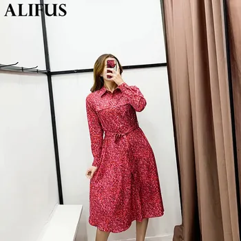 

Fashion Za Women's dress 2019 Elegant Print Pattern Bow Belt Turn Down Collar Long Sleeve Midi Dresses Female Ladies Vestidos