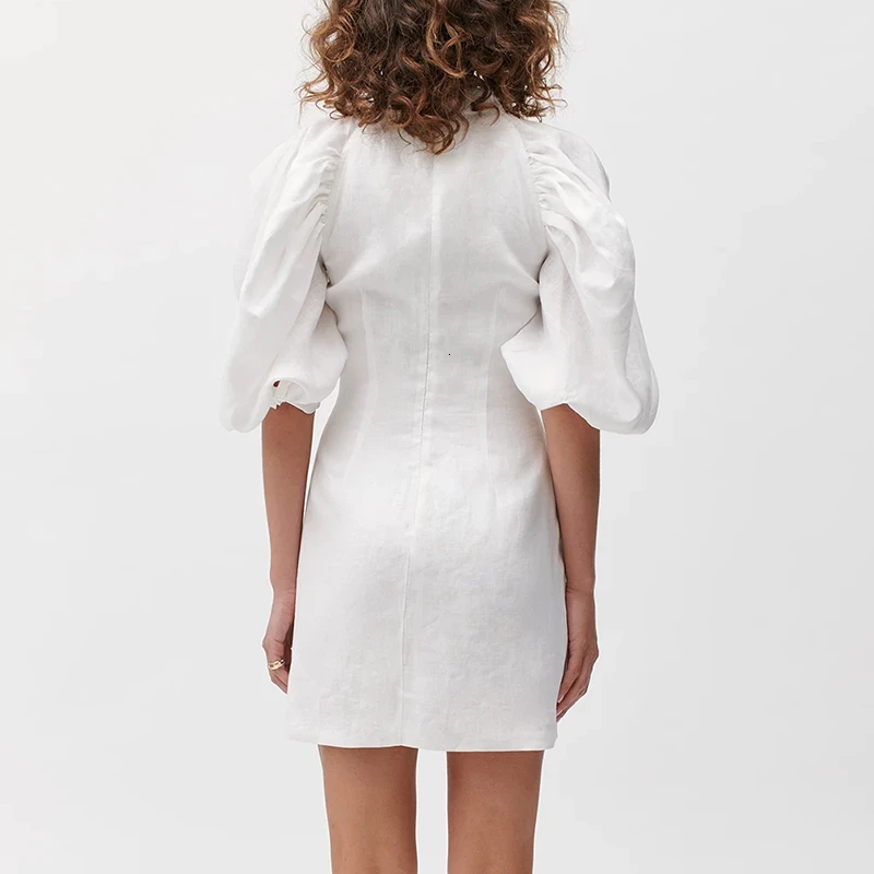 Tanie CHICEVER Ruched Slim damskie sukienki stanąć kołnierz Puff z długim rękawem wysokiej talii przyczynowe Mini sukienka kobiet 2019 moda nowa odzież