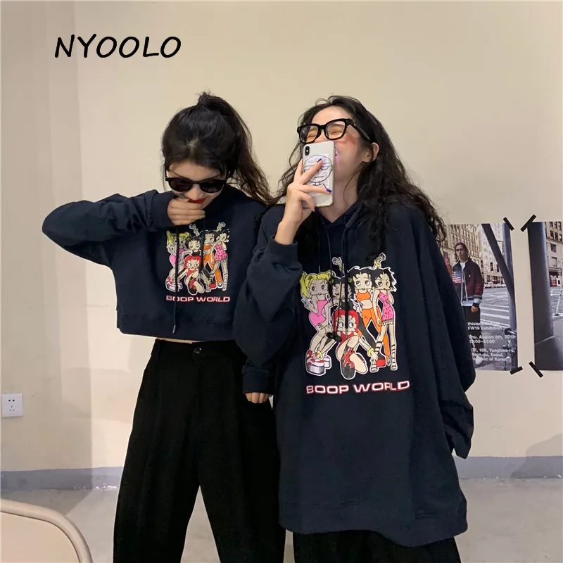 NYOOLO Harajuku мультфильм девушки печати толстовка осень уличная одежда с длинным рукавом пуловер с капюшоном свитер женская одежда верхняя одежда