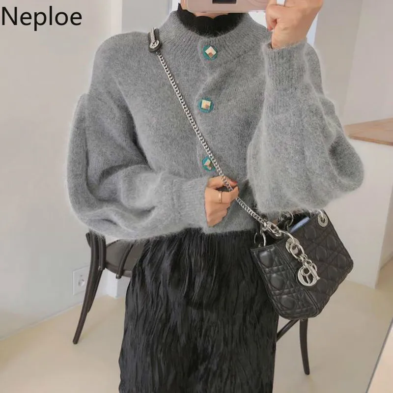 Neploe корейские рукава-фонарики вязаный женский кардиган с круглым вырезом однотонный толстый свитер пальто свободные тонкие короткие студенческие Pull Femme осень 46228
