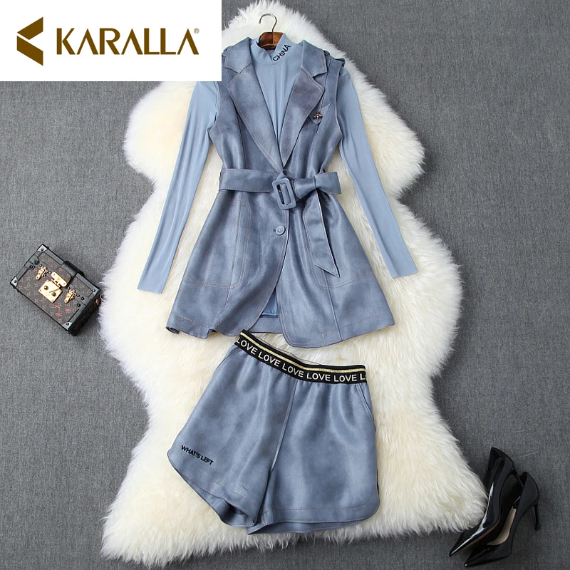

Runway New Autumn Women 3 Piece Set 2019 Fashion Lapel Collar Jacket Coat + Letter BaseT-shirt + Wide Short Pant 3 Pieces Set