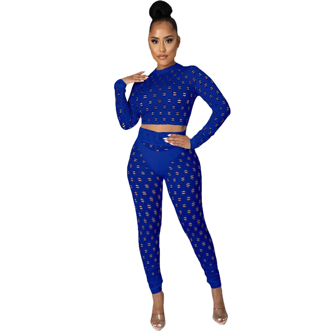 Women Sexy 2PC Off-Shoulder Low Cut Crop Pink Blue Top Shirt Leggings Outfit  Set