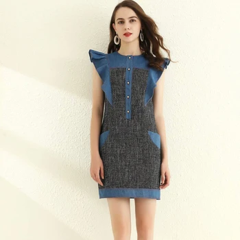 

2020 Summer New Style Stitching Denim Pocket Self-Cultivation Temperament Ruffle Sexy Mini Dress High Quality Women'S Clothing