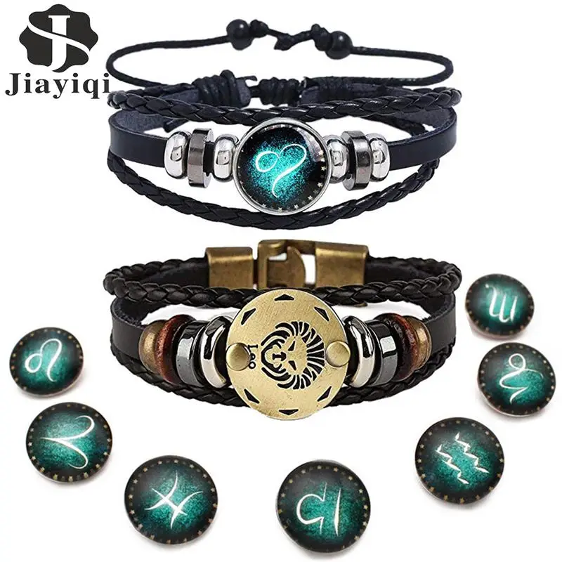 2pcs 12 Constellation Bracelet  Zodiac Sign Black Braided Leather Bangle Aries Leo Libra Luminous Dome Jewelry Punk Men Bracelet