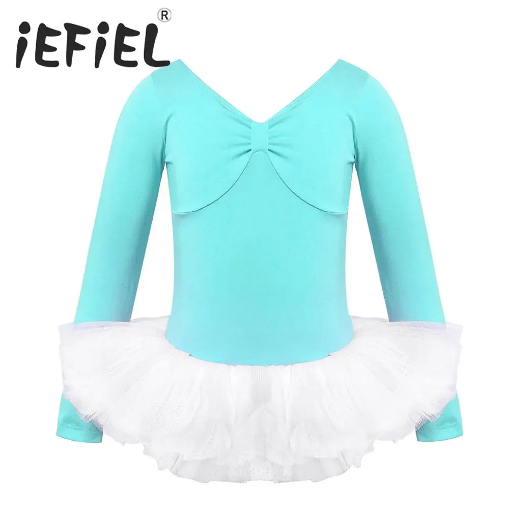 Kids Girls Cotton Long Sleeve Ballet Dance Gymnastics Leotard Tutu
