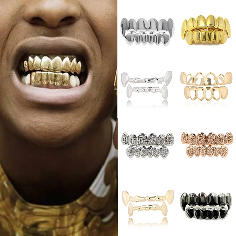 Gold Plated Hip Hop Teeth Grillz Top & Bottom Grill Set Cosplay  Rapper Tooth RU