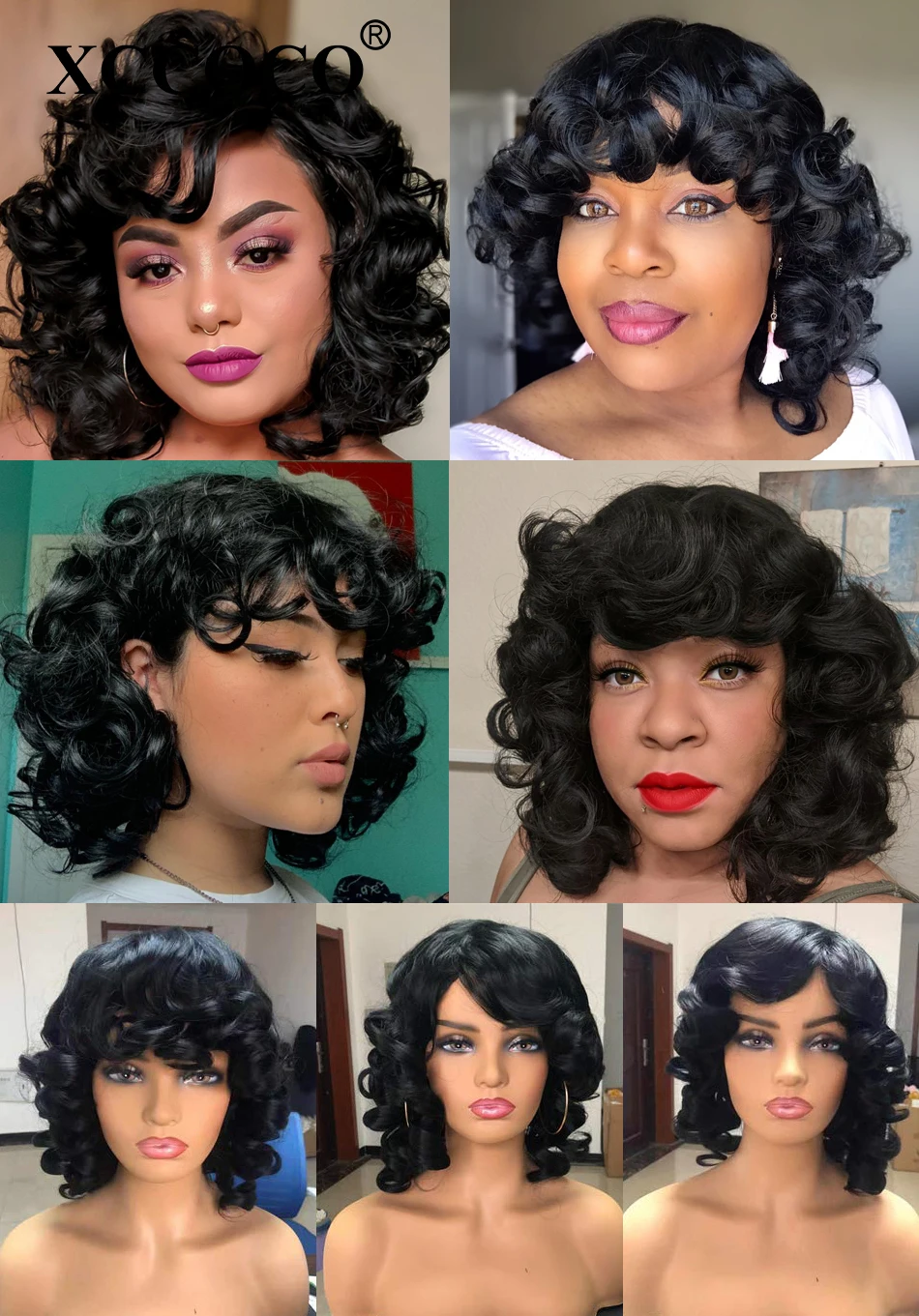 Resistente ao Calor Xccoco-peruca Afro Feminina Curta Cacheada Franja Cabelo Sintético Marrom Escuro 14 Polegadas Solto 2 Apliques e perucas
