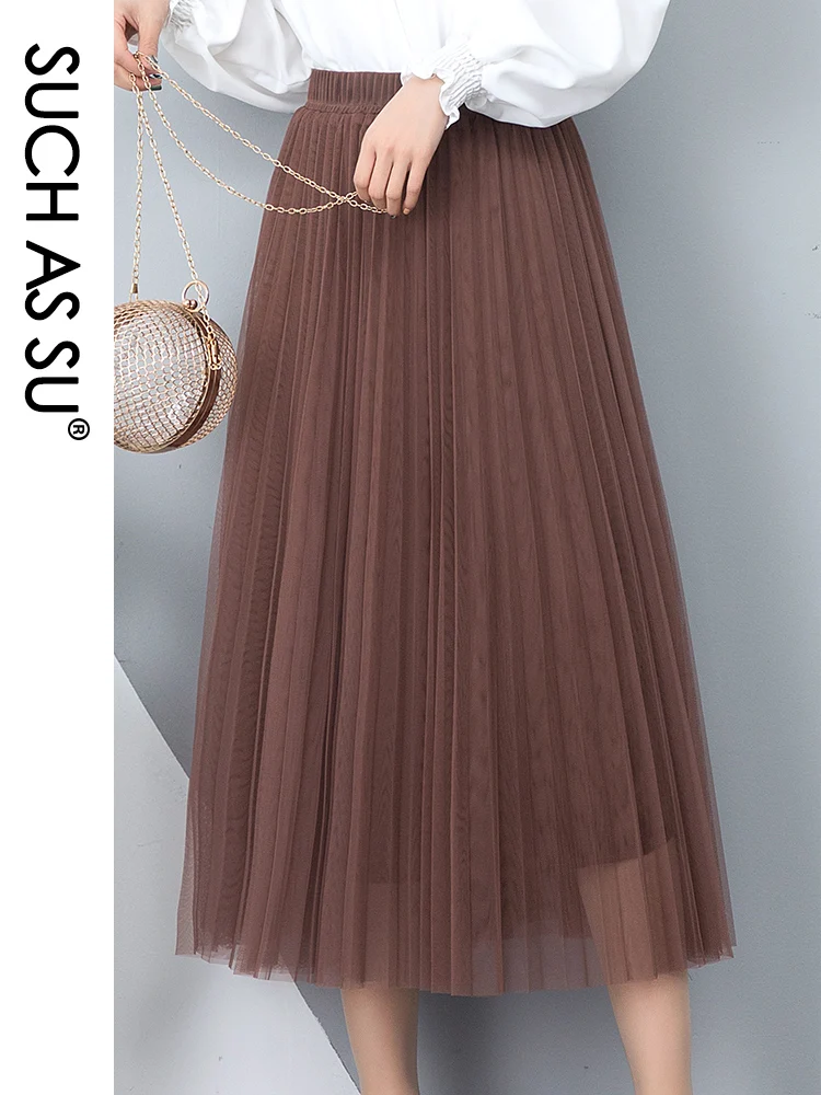 

SUCH AS SU New Summer Super elasticity Mesh Solid Black Gray Coffee Pink Empire Pleated Long Maxi Big swing Skirt