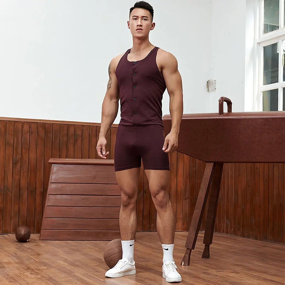 Men Sexy Sports Bodysuit Slimming Corset Body Shaper Cotton Cardigan Buttons Undershirts Club Jumpsuit