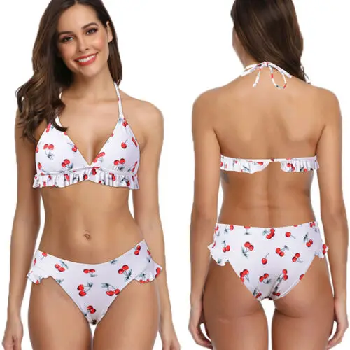 Женское милое бикини с принтом вишни новый купальник низкой талией халтер топ