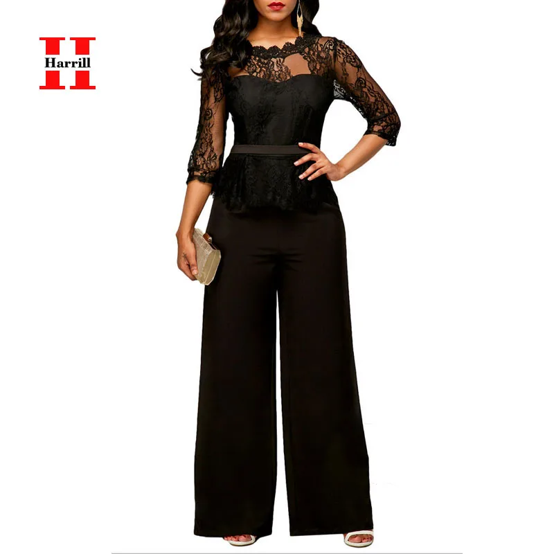 

Lace Embroidery Jumpsuits Women Summer O-Neck Straight Rompers Elegant Women Slim Jumpsuit Office Ladies Mono Mujer Verano