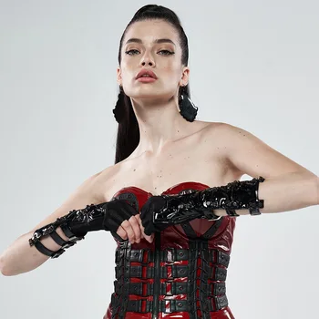 

PUNK RAVE Women Punk Rock Personality Gloves Stretch Knit Splicing Pu Leather Rivet Gloves Women Stage Perform Cosplay Accessry