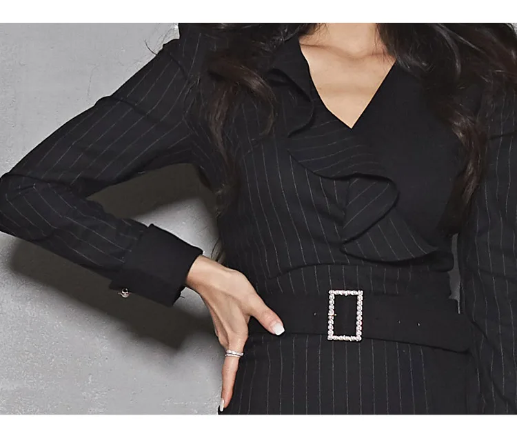 Office Lady Dress Autumn High Waist Slim Striped Stitching Black Long Sleeve V-Neck Ruffle Elegant Party Dress Women