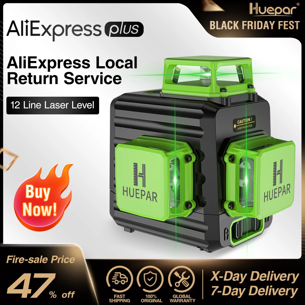 US $103.13 Huepar 3d Cross Line Self Leveling Laser Level 12 Lines Green Beam Li Ion Battery With Type C Charging Port Hard Carry Case