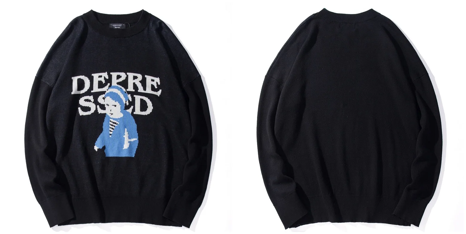 Print Sweaters Men Autumn High Streetwear Fashion Mens Hip Hop Pullovers Round Neck Vintage Sweaters