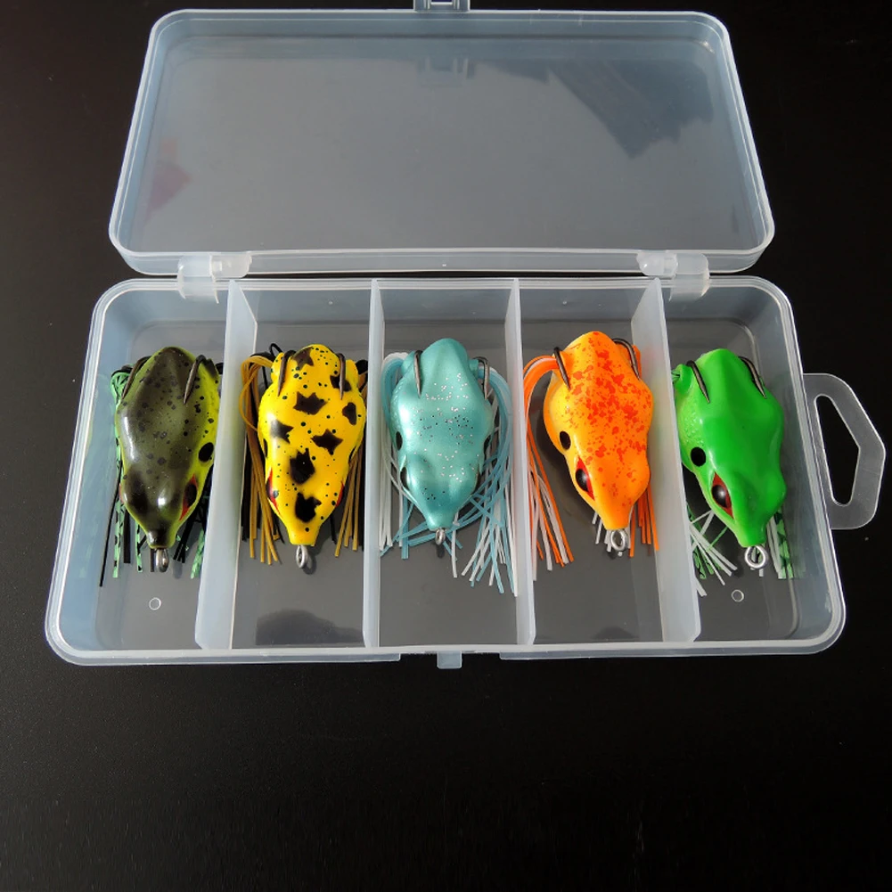 Iscas de Pesca Caixa Macio Sapo Ganchos Duplos 10g Topo Água Ray Artificial Manivela Suave Isca Pesca Equipamento 5 Pçs - 55mm 2 5 pçs caixa 55mm macio sapo iscas