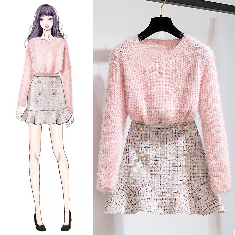 

Women Sweater Outfit 2 Piece Pearl Mohair Pink Sweater Mini Fishtail Skirt Women Outfit Autumn Korean Style Female Plaid Skirts