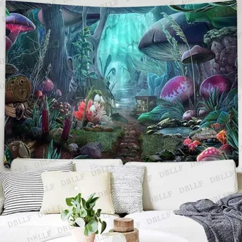 

Magical Forest Mushroom Castle Tapestry Fantasy Wall Psychedelic Nature Tree Green Plants Scenery Tapestry Bedroom Living Room