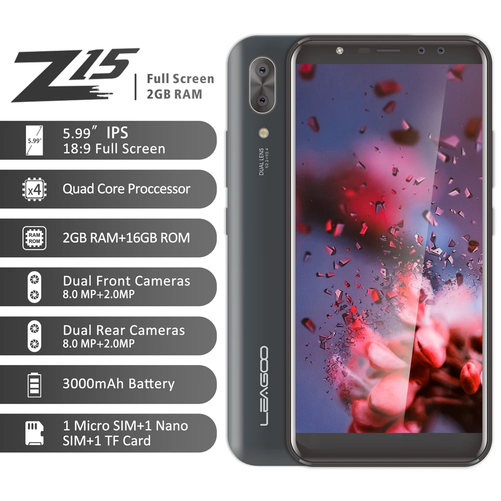 Черный LEAGOO Z15 мобильный телефон 5,9" 18:9 полный экран 2 Гб ОЗУ 16 Гб ПЗУ двойная задняя камера 3000 мАч Android MT6580M четырехъядерный 3g смартфон - Цвет: Черный