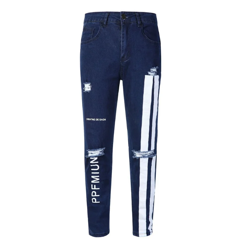 Fashion Streetwear Men Vintage Thin Destroyed Ripped Jeans Punk Pants
