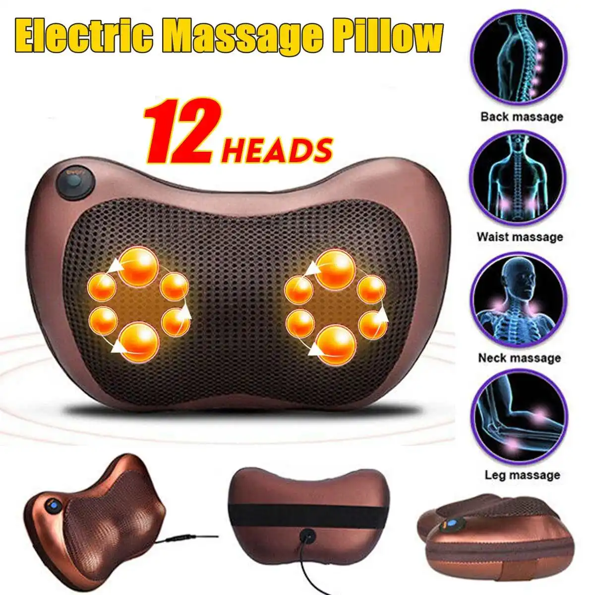 12Heads Relaxation Massage Pillow Vibrator Electric Shoulder Back Heating Kneading Infrared therapy pillow shiatsu Neck Massager