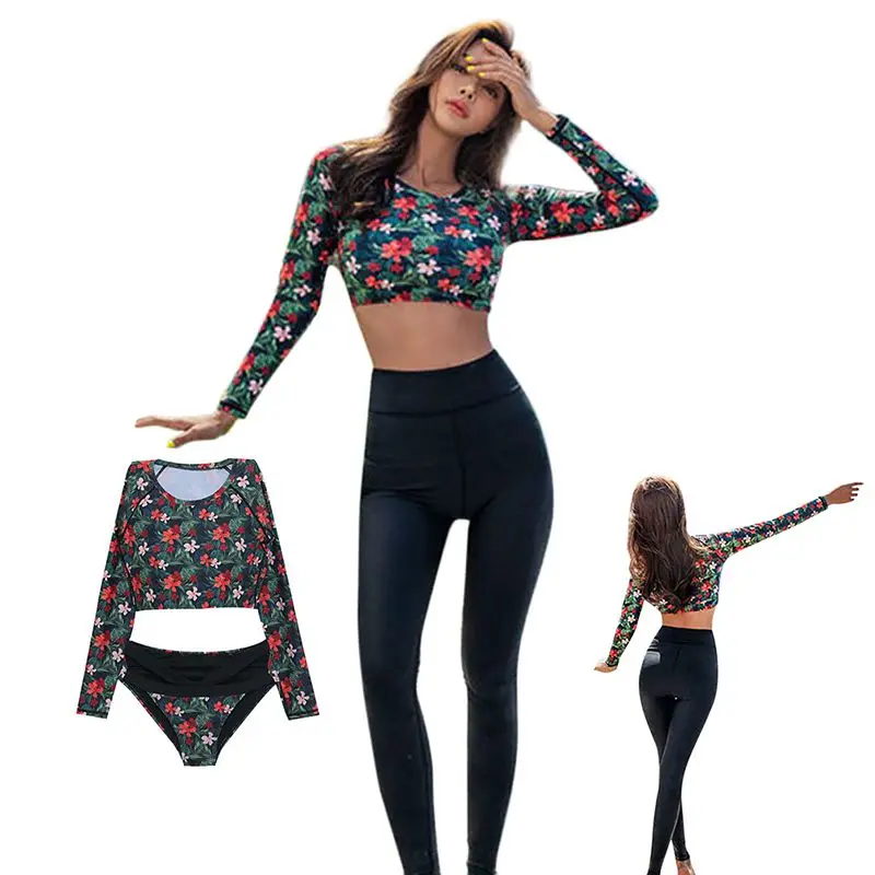 Women Tankini Long Sleeve Swim wear Bikini Top Bottom Lady Beach Swimsuit