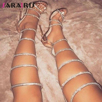 

SARAIRIS Knee High Boot Rhinestone High Heels Sandals Women 2020 Club Summer Sandals Ladies Party Gladiator Shoes