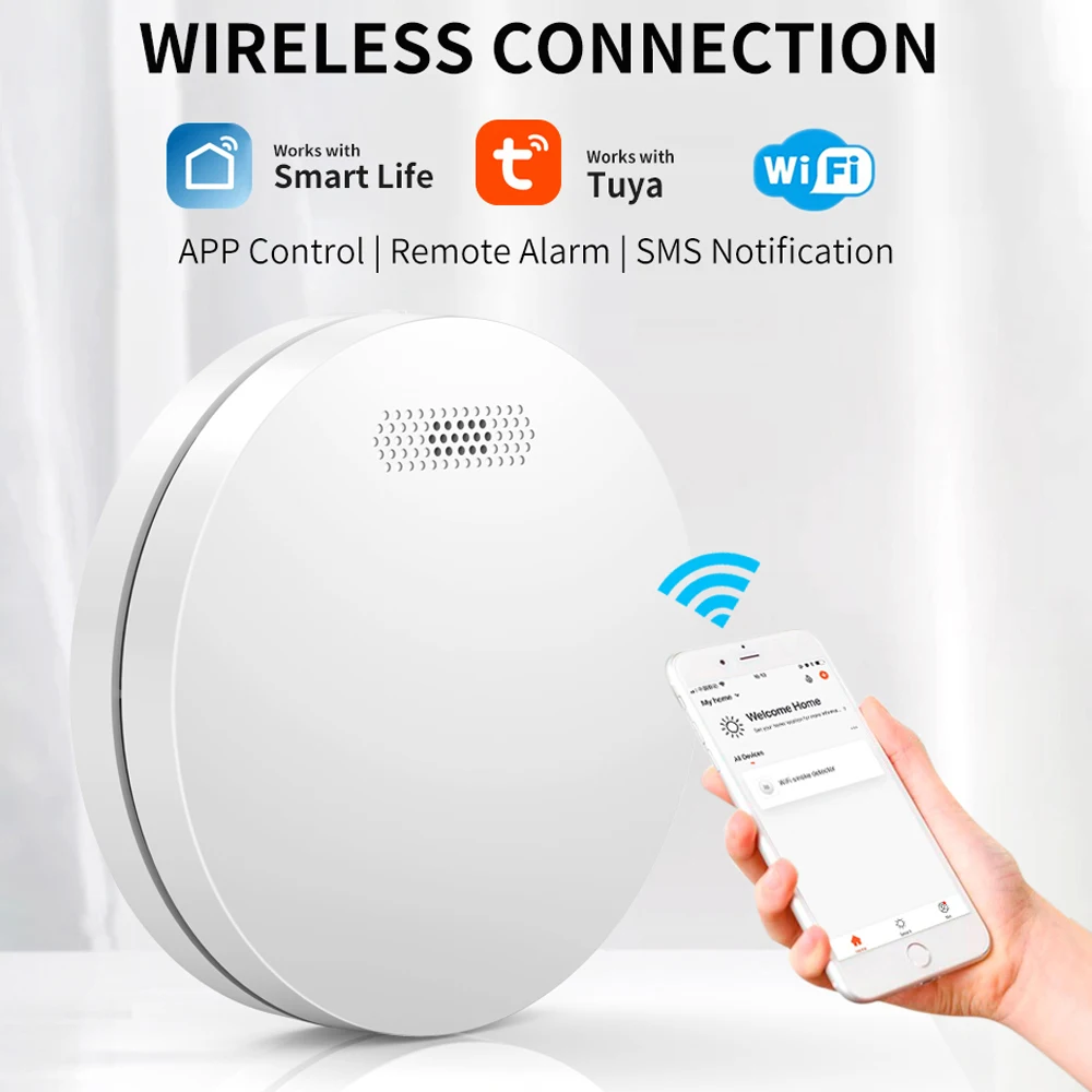 Alarma de humo ultradelgada Tuya, Detector de humo con WiFi, protección contra incendios, rango de hasta 40 cuadrados, sistema de alarma de seguridad contra incendios con aprobación CE