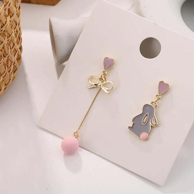 Korean Style Flower Cute Animal Dangle Earrings For Women Moon Stars Kitten Rabbit Balloon Asymmetric Earring Party Jewelry Gift 2