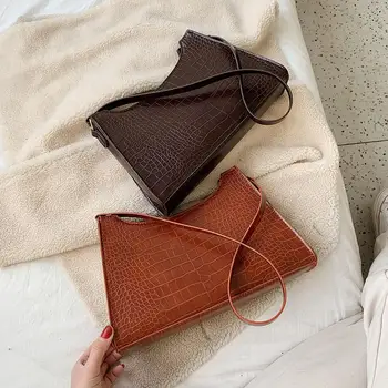 

Fashion Women Handbag Crocodile Leather Retro Shoulder Bag Solid Color Simple Elegant Ladies Totes