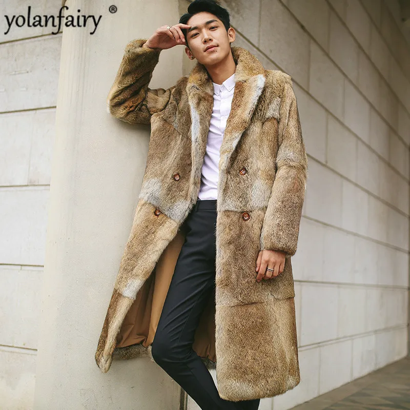 Men's Fur Coat Long Winter Jacket Men Natural Rabbit Warm Overcoat Real Fashion Luxury Coats 1612 KJ3331 | Мужская одежда