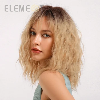 

Element Synthetic Medium Length Ombre Golden Blonde Water Wave Wigs with Air Bangs Lolita Cosplay Wigs for White/Black Women