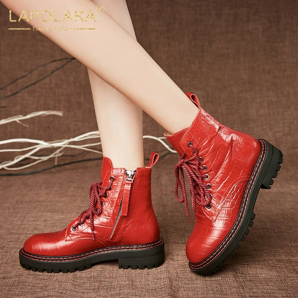 

Lapolaka new arrivals Genuine Leather Hot Sale Ankle Boots Woman Shoes Chunky Heels Zip Up Autumn Shoes Women Boots
