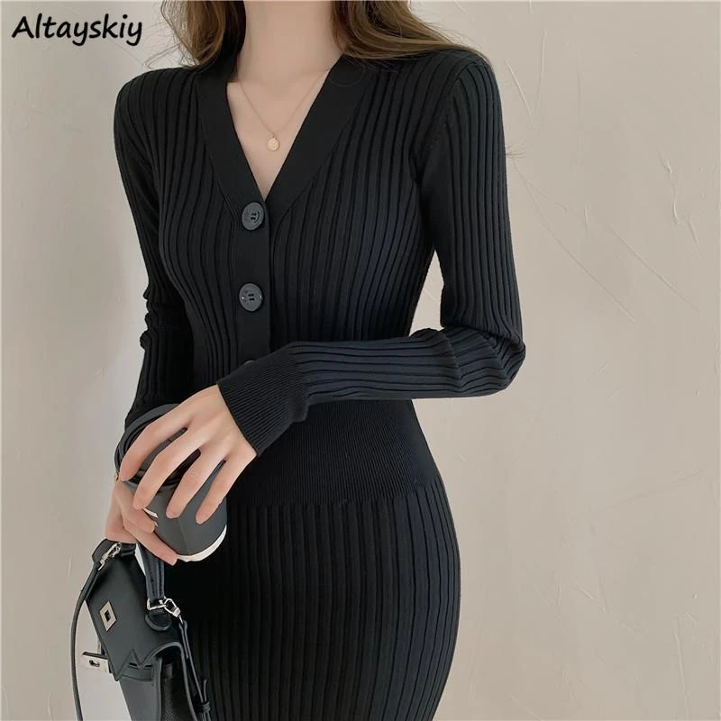Women Long Sleeve Dresses Solid Color Sheath V-neck Buttons High Waist Ladies Elegant New Vestidos Knitting Korean Style Bodycon