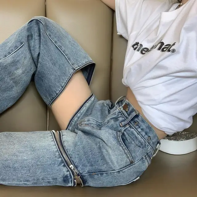 Лидер продаж, женские джинсы womenzipper, новинка 2021, стройнящие прямые свободные длинные брюки с высокой талией 1